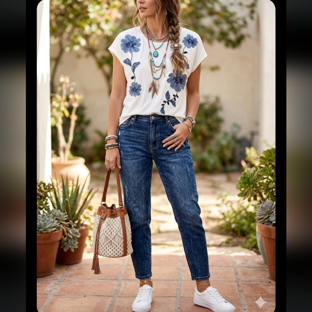 White Tshirt With Blue Denim Accent